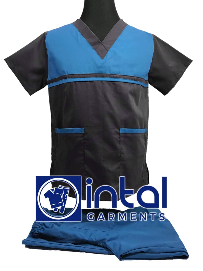 SCRUB SUIT High Quality SS_03C Polycotton by INTAL GARMENTS Color Charcoal Grey - Sapphire Blue Pants