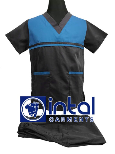 INTAL SCRUBSUIT 03C JOGGER 4 Pocket Pants HIGH QUALITY Tricolor V-Neck Unisex Scrubs - CHARCOAL GREY - SAPPHIRE BLUE