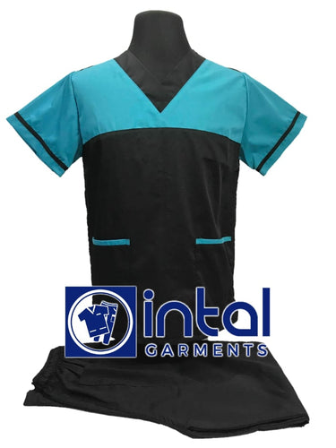 INTAL SCRUBSUIT 03D HIGH QUALITY Tricolor V-Neck Regular 4 Pocket Pants Unisex Scrubs - BLACK - AQUA BLUE