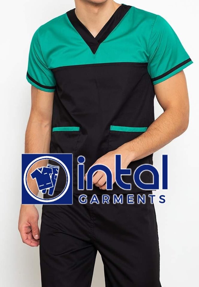 SCRUB SUIT High Quality SS_03D Polycotton by INTAL GARMENTS Color Black - Emerald Green