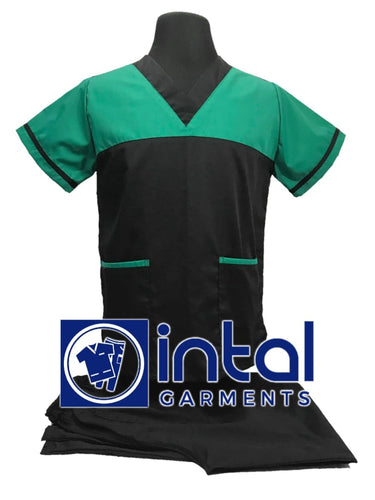 INTAL SCRUBSUIT 03D HIGH QUALITY Tricolor V-Neck Regular 4 Pocket Pants Unisex Scrubs - BLACK - EMERALD GREEN