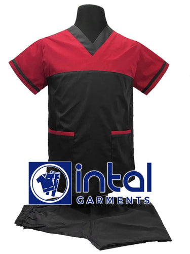INTAL SCRUBSUIT 03D HIGH QUALITY Tricolor V-Neck Regular 4 Pocket Pants Unisex Scrubs - BLACK - RED