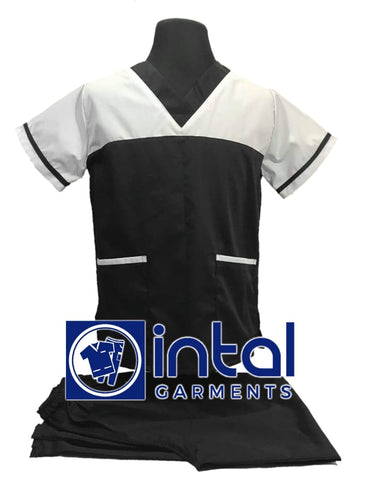 INTAL SCRUBSUIT 03D HIGH QUALITY Tricolor V-Neck Regular 4 Pocket Pants Unisex Scrubs - BLACK - WHITE