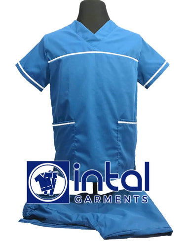INTAL SCRUBSUIT 03E HIGH QUALITY Classic V-Neck Regular 4 Pocket Pants Unisex Scrubs - SAPPHIRE BLUE - WHITE