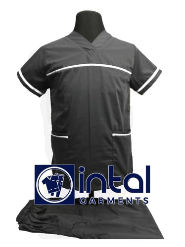 INTAL SCRUBSUIT 03E HIGH QUALITY Classic V-Neck Regular 4 Pocket Pants Unisex Scrubs - CHARCOAL GREY - WHITE