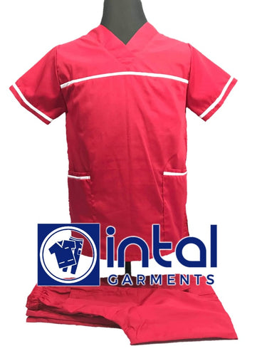 INTAL SCRUBSUIT 03E HIGH QUALITY Classic V-Neck Regular 4 Pocket Pants Unisex Scrubs - FUCHSIA PINK - WHITE