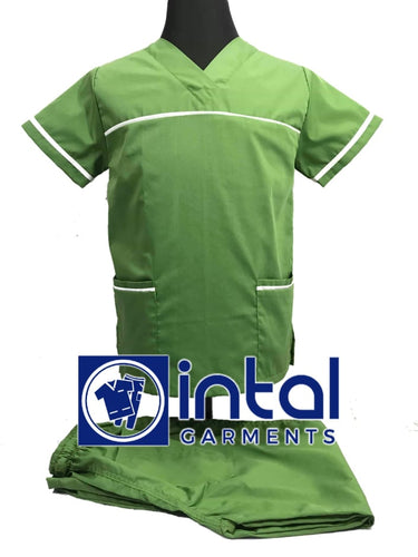 INTAL SCRUBSUIT 03E HIGH QUALITY Classic V-Neck Regular 4 Pocket Pants Unisex Scrubs - FERN GREEN - WHITE