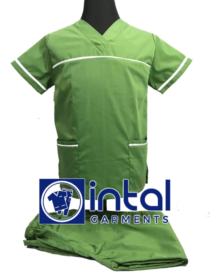SCRUB SUIT High Quality SS_03E Polycotton by INTAL GARMENTS Color Fern Green - White