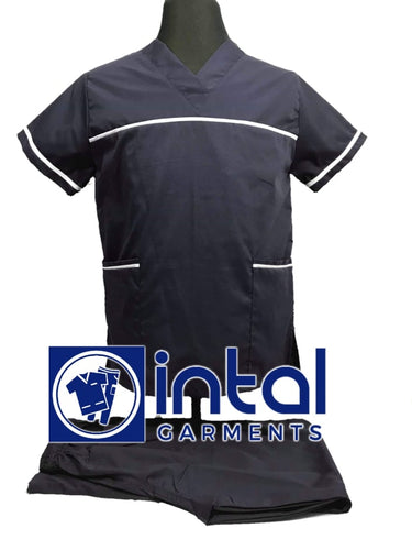 INTAL SCRUBSUIT 03E HIGH QUALITY Classic V-Neck Regular 4 Pocket Pants Unisex Scrubs - MIDNIGHT BLUE - WHITE