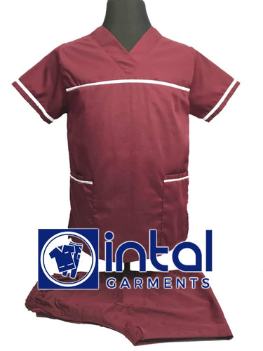 INTAL SCRUBSUIT 03E HIGH QUALITY Classic V-Neck Regular 4 Pocket Pants Unisex Scrubs - MAROON - WHITE
