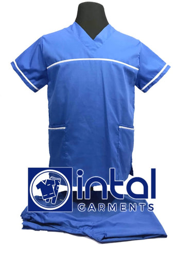 INTAL SCRUBSUIT 03E HIGH QUALITY Classic V-Neck Regular 4 Pocket Pants Unisex Scrubs - AZURE BLUE - WHITE