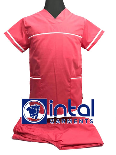 INTAL SCRUBSUIT 03E HIGH QUALITY Classic V-Neck Regular 4 Pocket Pants Unisex Scrubs - SALMON PINK - WHITE