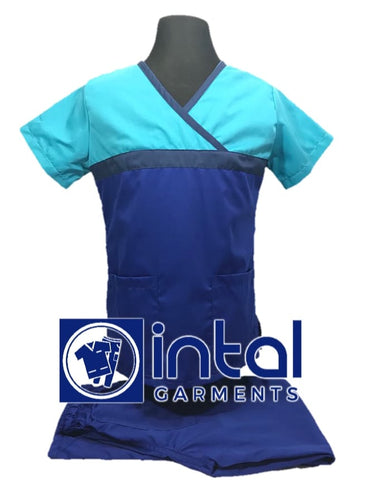 INTAL SCRUBSUIT 04 HIGH QUALITY Classic Tricolor Overlap Regular 4 Pocket Pants Unisex Scrubs - Admiral Blue - Oxford Blue - Aqua Blue