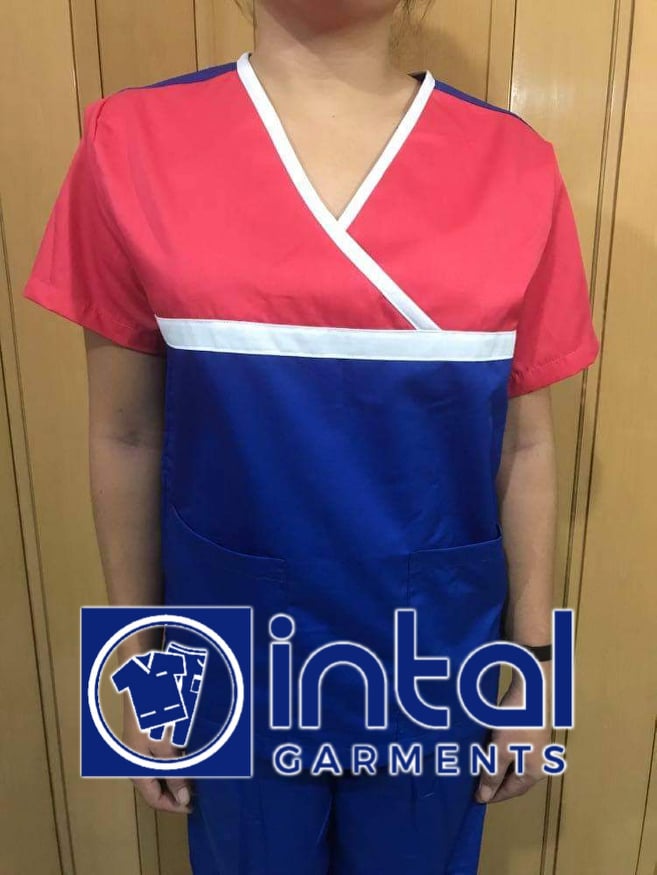 SCRUB SUIT High Quality SS_04 Polycotton by INTAL GARMENTS Color Admiral Blue - White - Salmon Pink