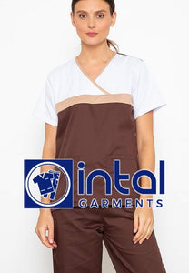 SCRUB SUIT High Quality SS_04 Polycotton by INTAL GARMENTS Color Chocolate Brown - Tortilla Brown - White