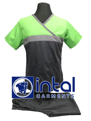 INTAL SCRUBSUIT 04 HIGH QUALITY Classic Tricolor Overlap Regular 4 Pocket Pants Unisex Scrubs - Charcoal Grey - Light Grey - Kelly Green