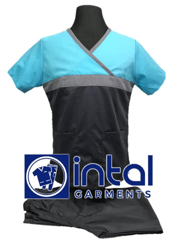 INTAL SCRUBSUIT 04 HIGH QUALITY Classic Tricolor Overlap Regular 4 Pocket Pants Unisex Scrubs - Charcoal Grey - Light Grey - Aqua Blue