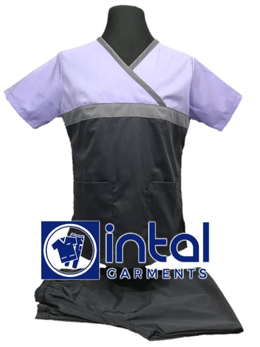 INTAL SCRUBSUIT 04 HIGH QUALITY Classic Tricolor Overlap Regular 4 Pocket Pants Unisex Scrubs - Charcoal Grey - Light Grey - Powder Violet