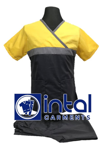 INTAL SCRUBSUIT 04 HIGH QUALITY Classic Tricolor Overlap Regular 4 Pocket Pants Unisex Scrubs - Charcoal Grey - Light Grey - Yellow