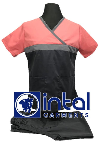 INTAL SCRUBSUIT 04 HIGH QUALITY Classic Tricolor Overlap Regular 4 Pocket Pants Unisex Scrubs - Charcoal Grey - Light Grey - Peach