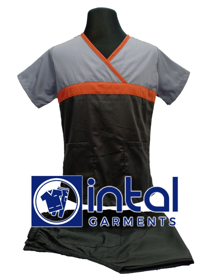 SCRUB SUIT High Quality SS_04 Polycotton by INTAL GARMENTS Color Charcoal Grey - Rust - Light Grey
