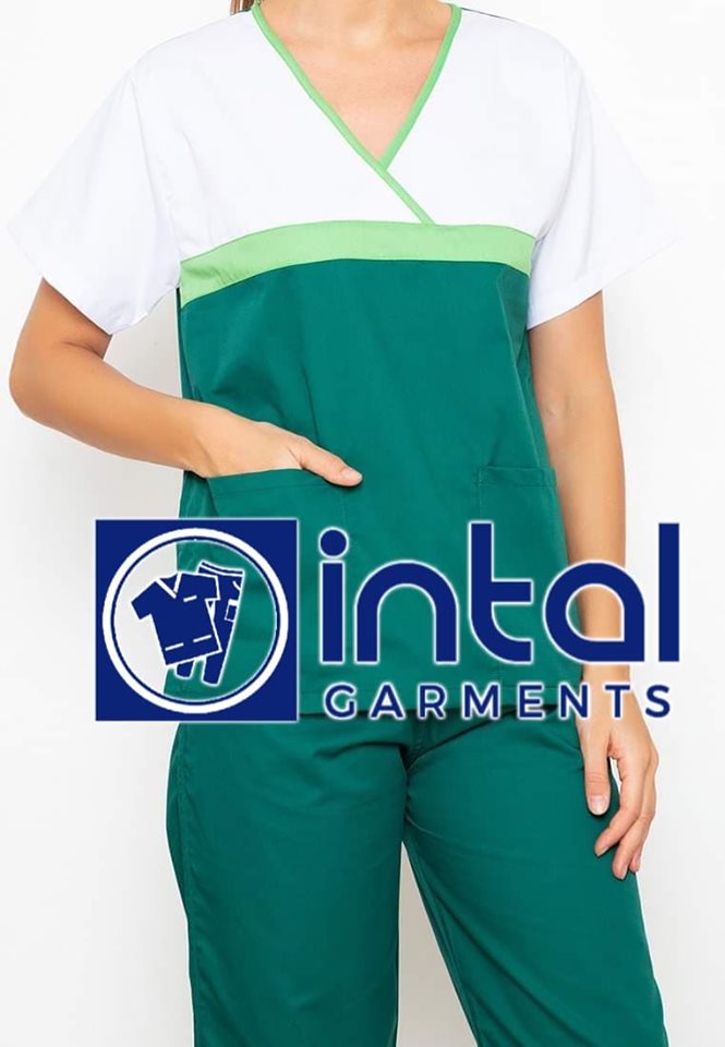 SCRUB SUIT High Quality SS_04 Polycotton by INTAL GARMENTS Color Forest Green - Kelly Green - White