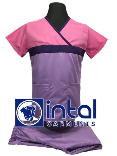 INTAL SCRUBSUIT 04 HIGH QUALITY Classic Tricolor Overlap Regular 4 Pocket Pants Unisex Scrubs - Lilac - Violet - Rose Pink