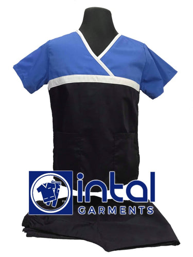 INTAL SCRUBSUIT 04 HIGH QUALITY Classic Tricolor Overlap Regular 4 Pocket Pants Unisex Scrubs - Midnight Blue - White - Azure Blue