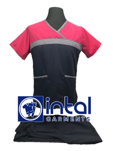 INTAL SCRUBSUIT 04 HIGH QUALITY Classic Tricolor Overlap Regular 4 Pocket Pants Unisex Scrubs - Midnight Blue - Light Grey - Fuchsia