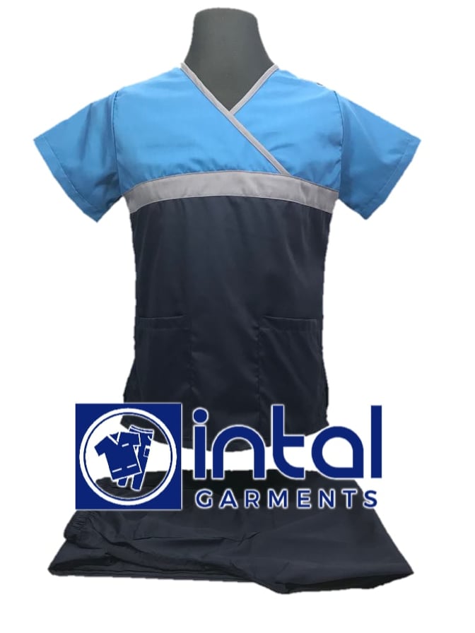 SCRUB SUIT High Quality SS_04 Polycotton by INTAL GARMENTS Color Midnight Blue - Light Grey - Sapphire Blue