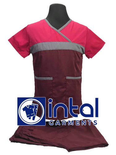 SCRUB SUIT High Quality SS_04 Polycotton by INTAL GARMENTS Color Maroon - Light Grey - Fuchsia