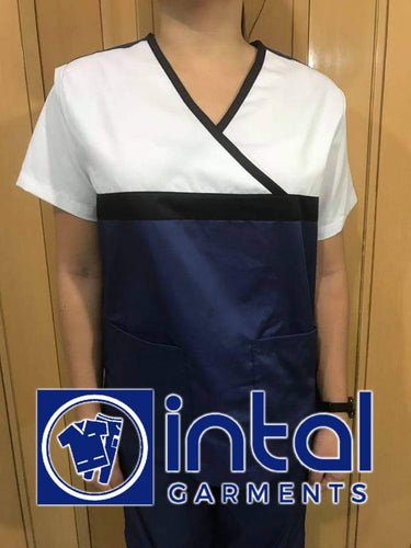 INTAL SCRUBSUIT 04 HIGH QUALITY Classic Tricolor Overlap Regular 4 Pocket Pants Unisex Scrubs - Oxford Blue - Midnight Blue - White