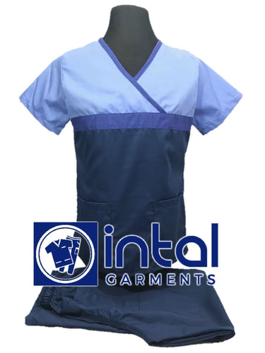 INTAL SCRUBSUIT 04 HIGH QUALITY Classic Tricolor Overlap Regular 4 Pocket Pants Unisex Scrubs - Oxford Blue - Persian Blue - Powder Blue