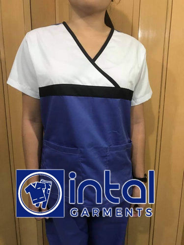 INTAL SCRUBSUIT 04 HIGH QUALITY Classic Tricolor Overlap Regular 4 Pocket Pants Unisex Scrubs - Persian Blue - Midnight Blue - White
