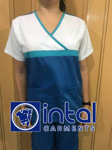 SCRUB SUIT High Quality SS_04 Polycotton by INTAL GARMENTS Color Sapphire Blue - Aqua Blue - White