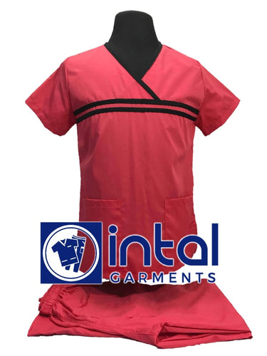 INTAL SCRUBSUIT 04B HIGH QUALITY Classic Overlap Regular 4Pocket Pants Unisex Scrubs - Salmon Pink - Black