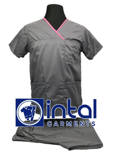 INTAL SCRUBSUIT 04C HIGH QUALITY Classic Overlap Regular 4 Pocket Pants Unisex Scrubs - Light Grey - Rose Pink