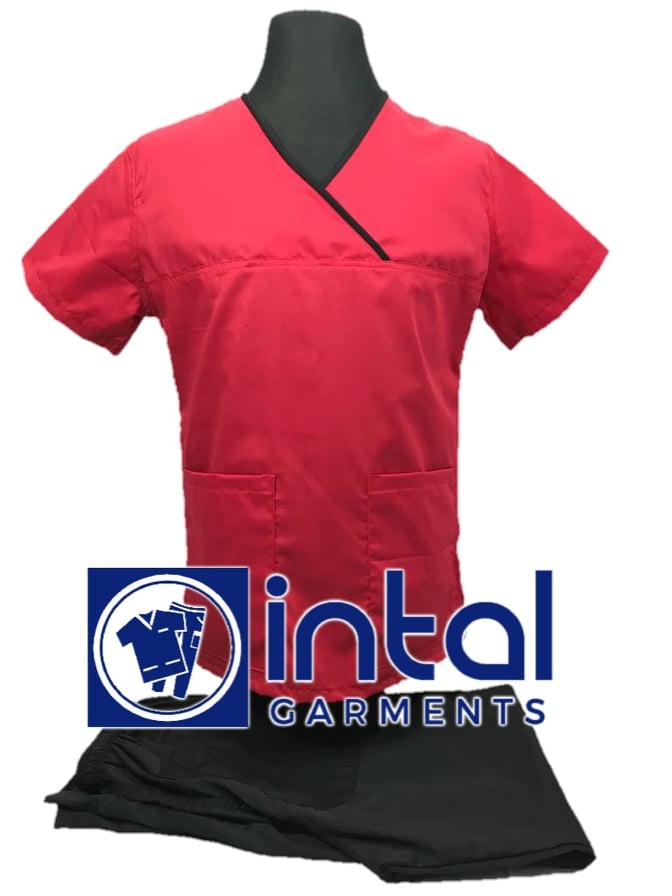 SCRUB SUIT High Quality SS_04C Polycotton by INTAL GARMENTS Color Red - Black