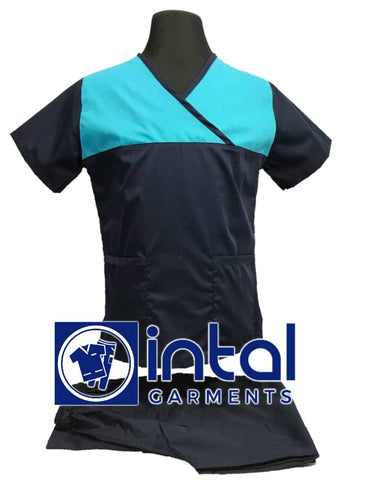 INTAL SCRUBSUIT 04D HIGH QUALITY Classic Overlap Regular 4 Pocket Pants Unisex Scrubs - Midnight Blue - Aqua Blue