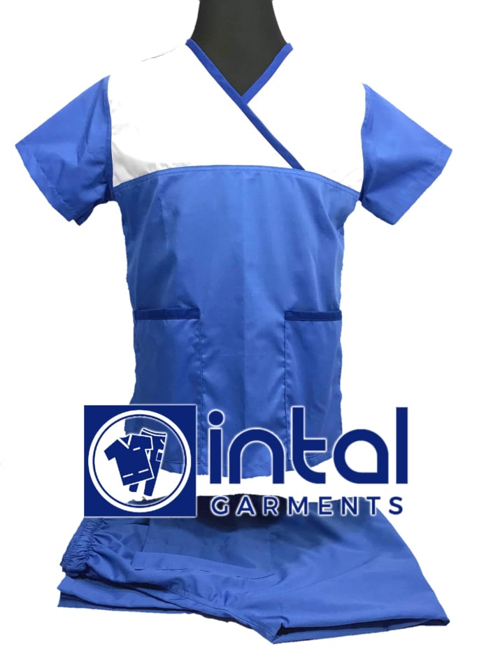 SCRUB SUIT High Quality SS_04E Polycotton by INTAL GARMENTS Color Azure Blue - Admiral Blue - White