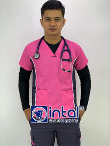 SCRUB SUIT CARGO 6-Pocket Pants with Piping Premium Quality V-Neck Scrubsuit 06C Unisex Scrubs Set B by INTAL GARMENTS Rose Pink - Charcoal Grey