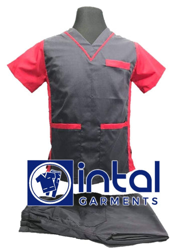 INTAL SCRUBSUIT 07A CARGO 6-Pocket Pants Premium Quality V-Neck Unisex Scrubs Color Charcoal Grey - Red