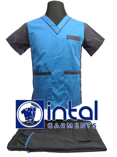 INTAL SCRUBSUIT 07A CARGO 6-Pocket Pants Premium Quality V-Neck Unisex Scrubs Color Sapphire Blue - Charcoal Grey