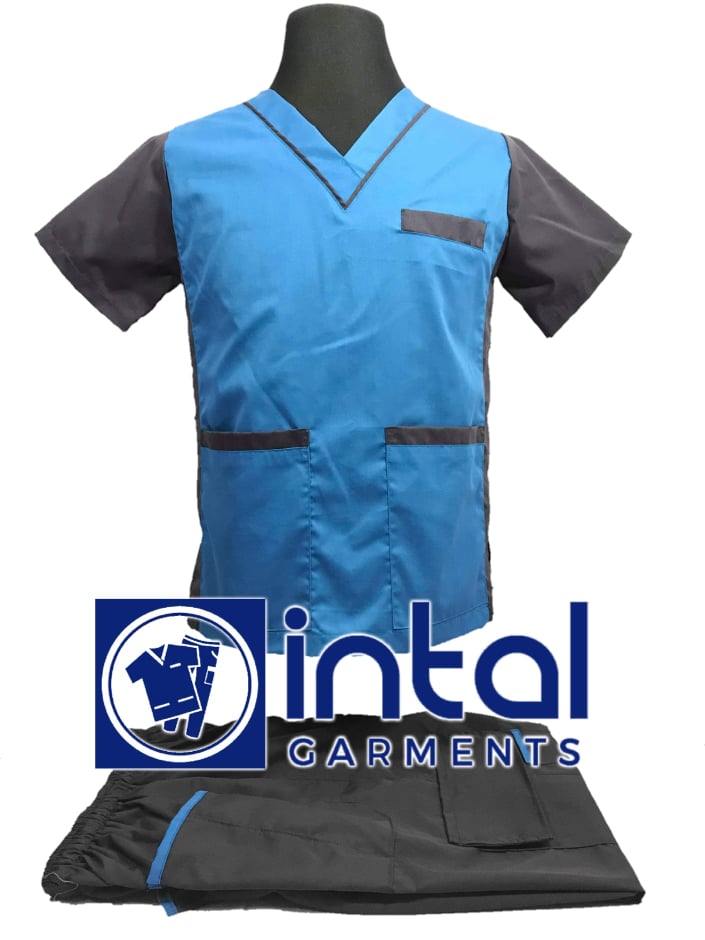 SCRUB SUITS High Quality SS_07A Polycotton by INTAL GARMENTS Color Sapphire Blue - Charcoal Grey