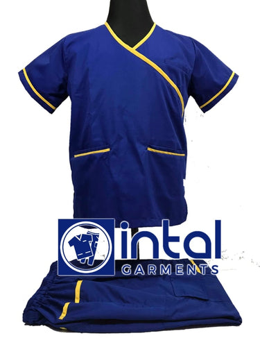 INTAL SCRUBSUIT 08A Standard Mock Wrap Lhacose Cotton Cargo 6 Pocket Pants Unisex Scrubs Color Admiral Blue - Corn Yellow