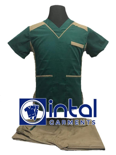 INTAL SCRUBSUIT 09 CARGO 6-Pocket Pants Premium Quality V-Neck Unisex Scrubs Color Forest Green - Tortilla Brown