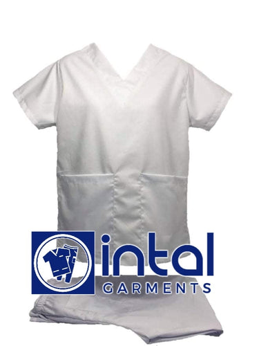 INTAL SCRUBSUIT 01A HIGH QUALITY Classic V-Neck Regular 4 Pocket Pants Unisex Scrubs - WHITE