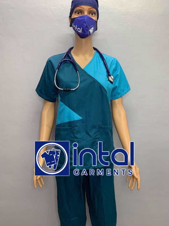 SCRUB SUIT Medical Doctor Nurse Uniform SS_11 Polycotton by INTAL GARMENTS Color Aqua Blue - Teal Blue