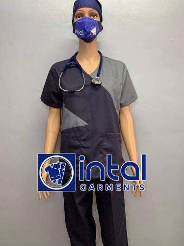 INTAL SCRUBSUIT 11 Premium Quality Mock Wrap Regular 4-Pocket Pants Unisex Scrubs Color Midnight Blue - Light Grey