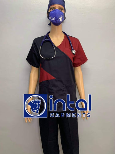 INTAL SCRUBSUIT 11 Premium Quality Mock Wrap Regular 4-Pocket Pants Unisex Scrubs Color Midnight Blue - Maroon